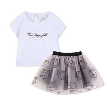 Girls White & Pink Tulle Choupette Skirt Set