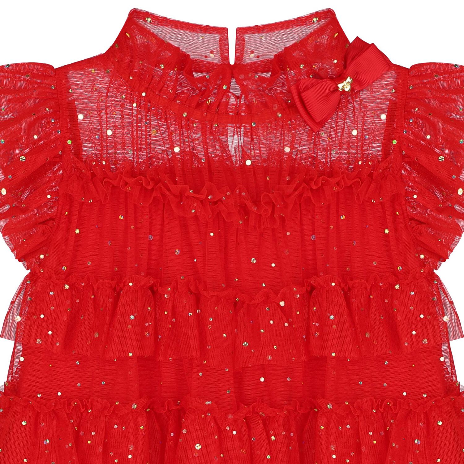 Girls Red Embellished Tiered Tulle Dress, 1, hi-res