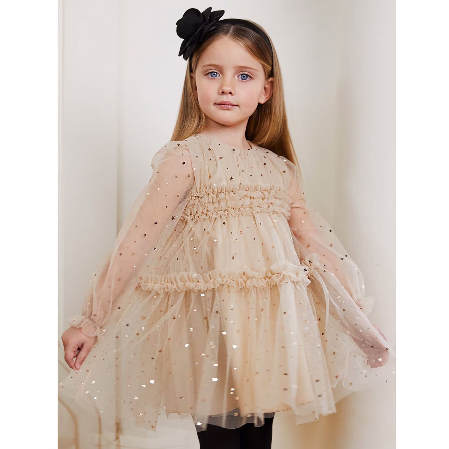 Girls Beige & Gold Star Tulle Dress, 1, hi-res