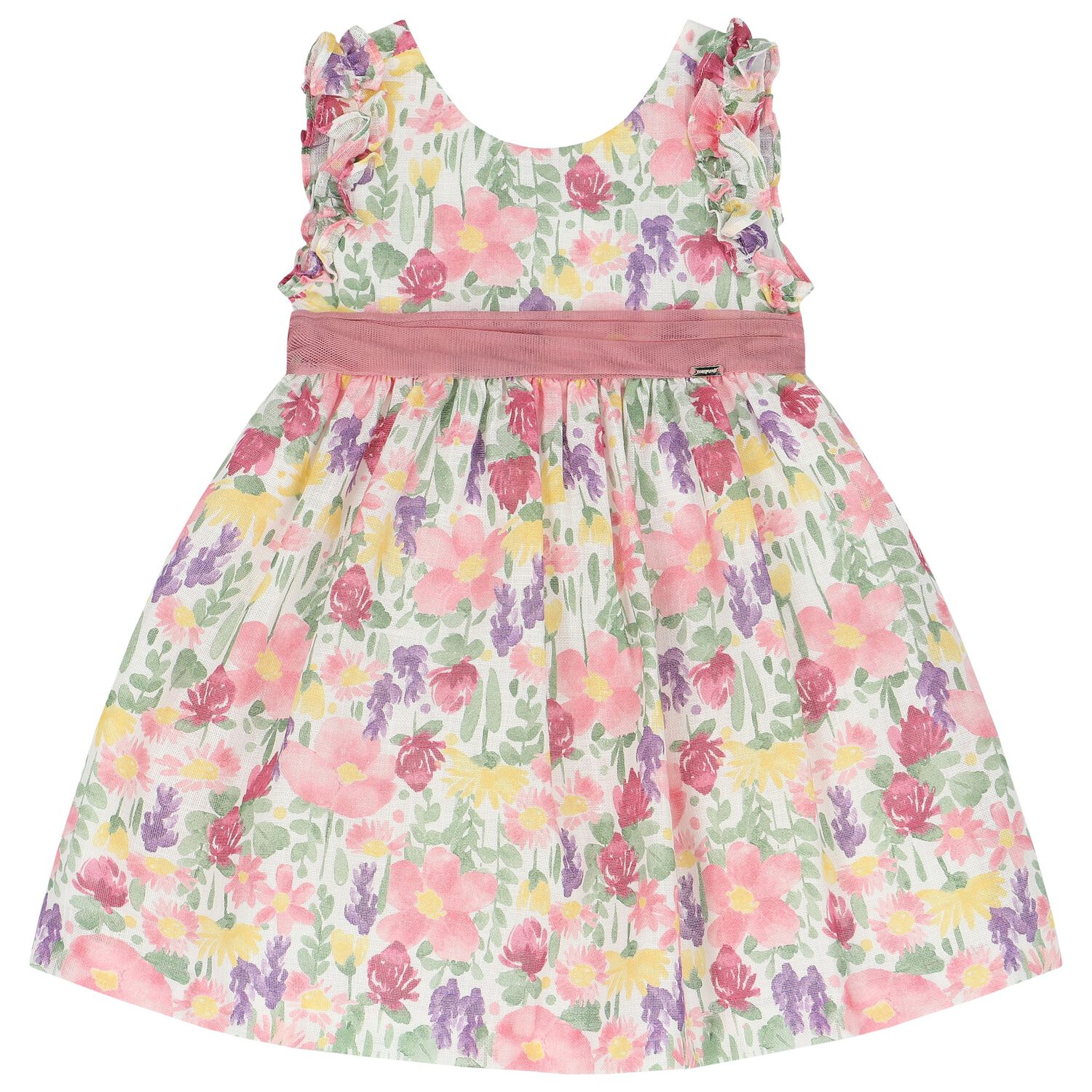 Younger Girls White, Green & Pink Floral Dress, 1, hi-res