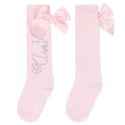 Girls Pink Diamanté Logo Bow Socks, 1, hi-res