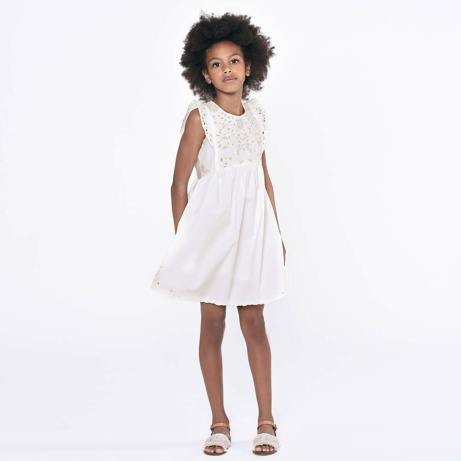 Girls Ivory Broderie Anglaise Dress, 1, hi-res