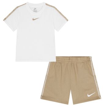 Boys White & Beige Logo Shorts Set