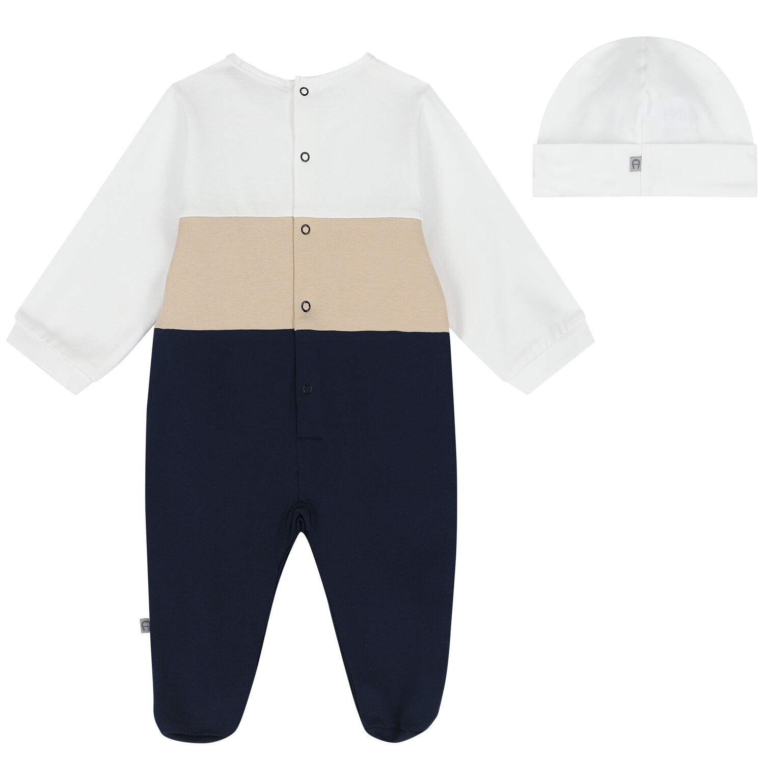 Baby Boys White, Beige & Navy Blue Logo Babygrow Set, 1, hi-res