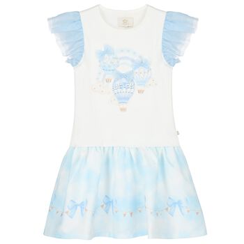 Girls White & Blue Balloon Dress
