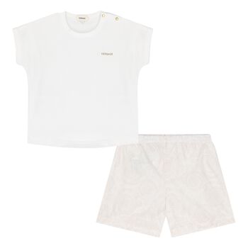Baby White & Beige Barocco Shorts Set