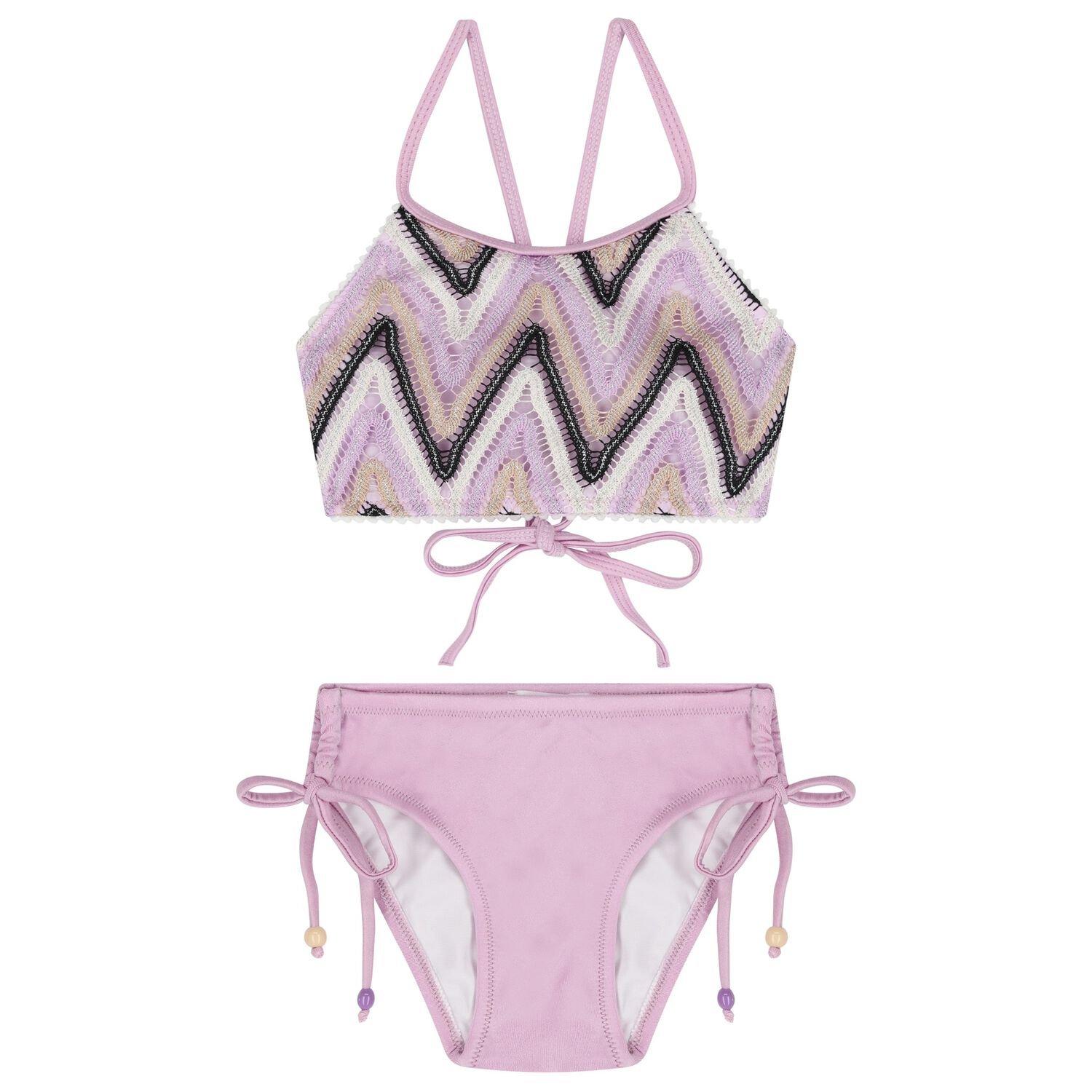 Girls Lilac, Black & Ivory Zig-Zag Crochet Bikini, 1, hi-res