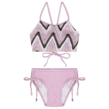 Girls Lilac, Black & Ivory Zig-Zag Crochet Bikini