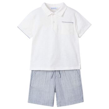 Boys White & Navy Striped Shorts Set