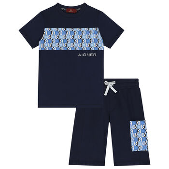 Boys Navy Blue Logo Shorts Set