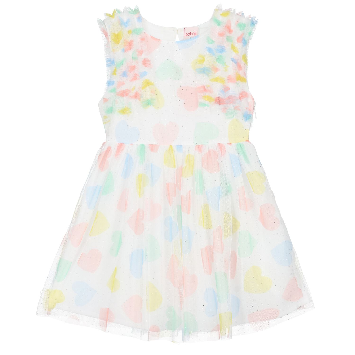 Girls White Tulle Heart Print Dress, 1, hi-res