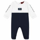 Baby Boys White & Navy Logo Babygrow, 1, hi-res