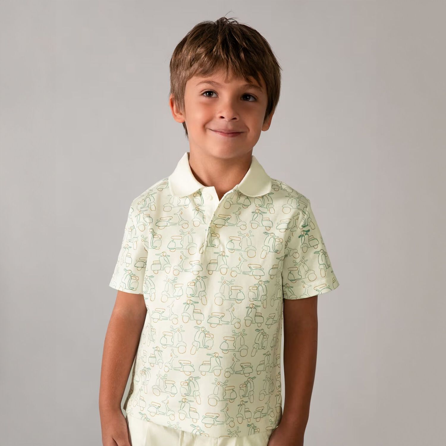 Boys Ivory & Green Scooter Polo Shirt, 1, hi-res