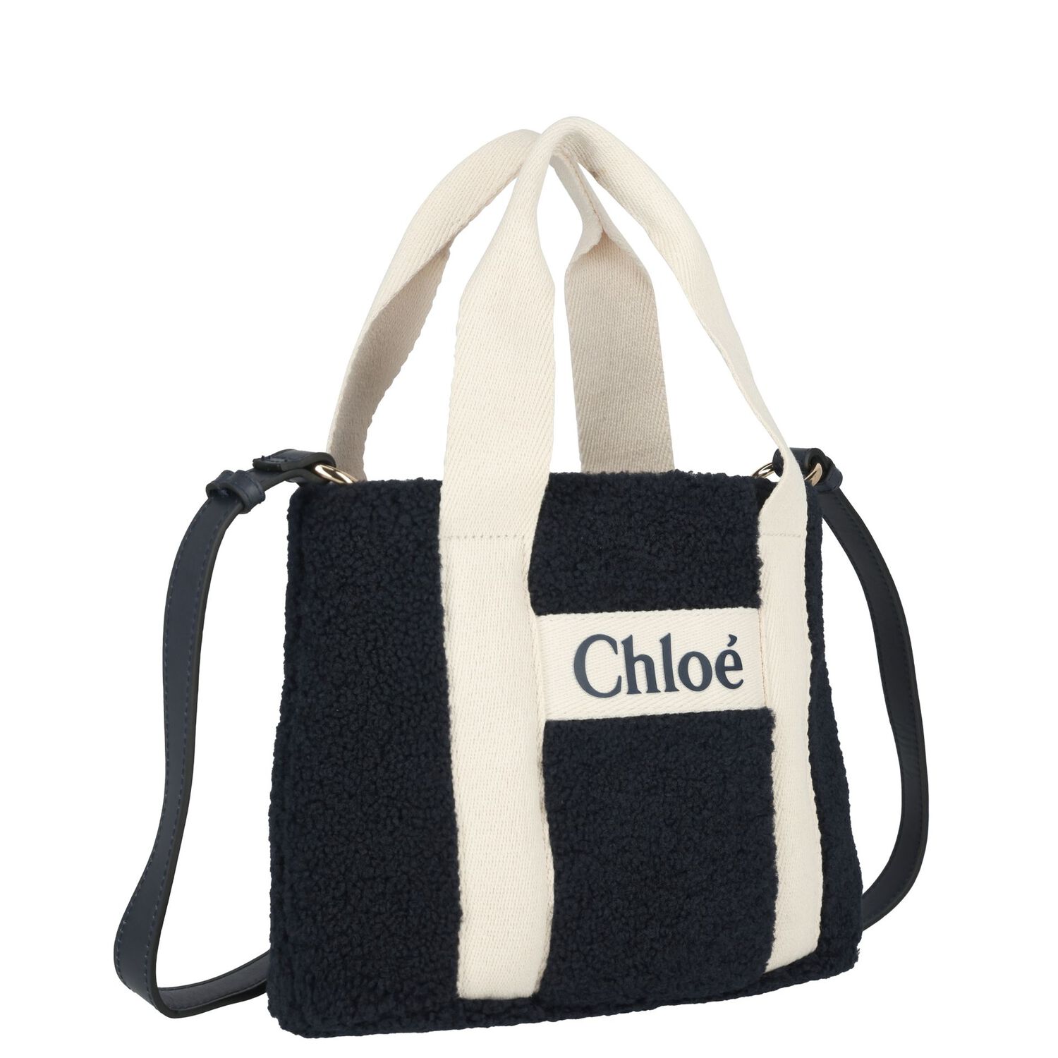 Girls Navy Blue Faux Shearling Logo Handbag, 1, hi-res