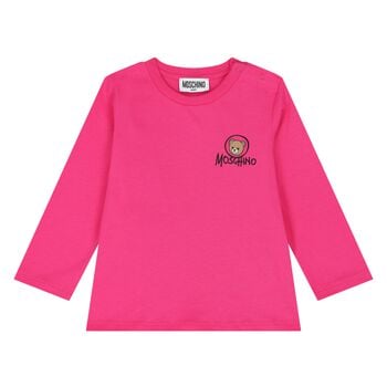 Younger Girls Pink Teddy Bear Logo Long Sleeve Top