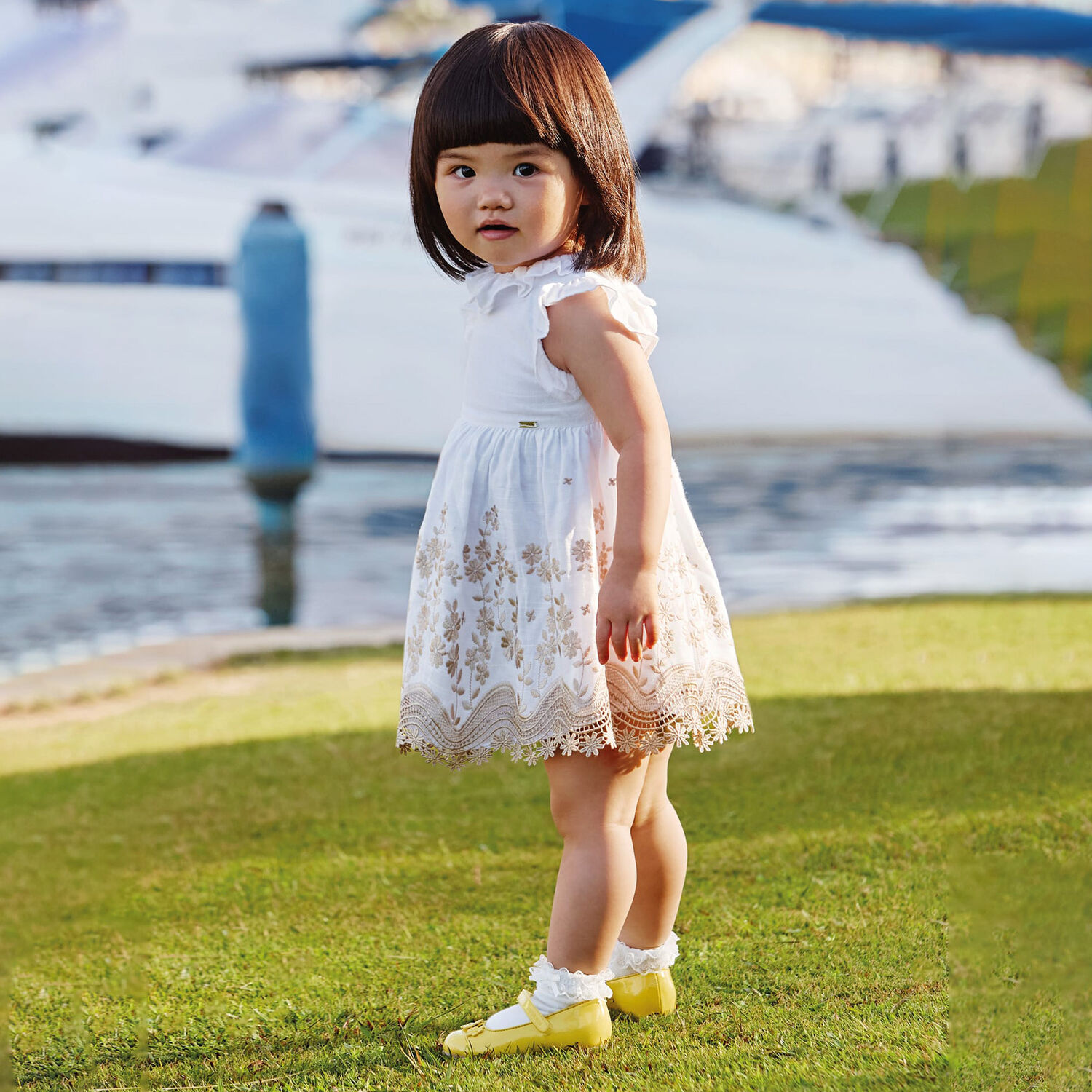 Younger Girls White Embroidered Dress, 1, hi-res