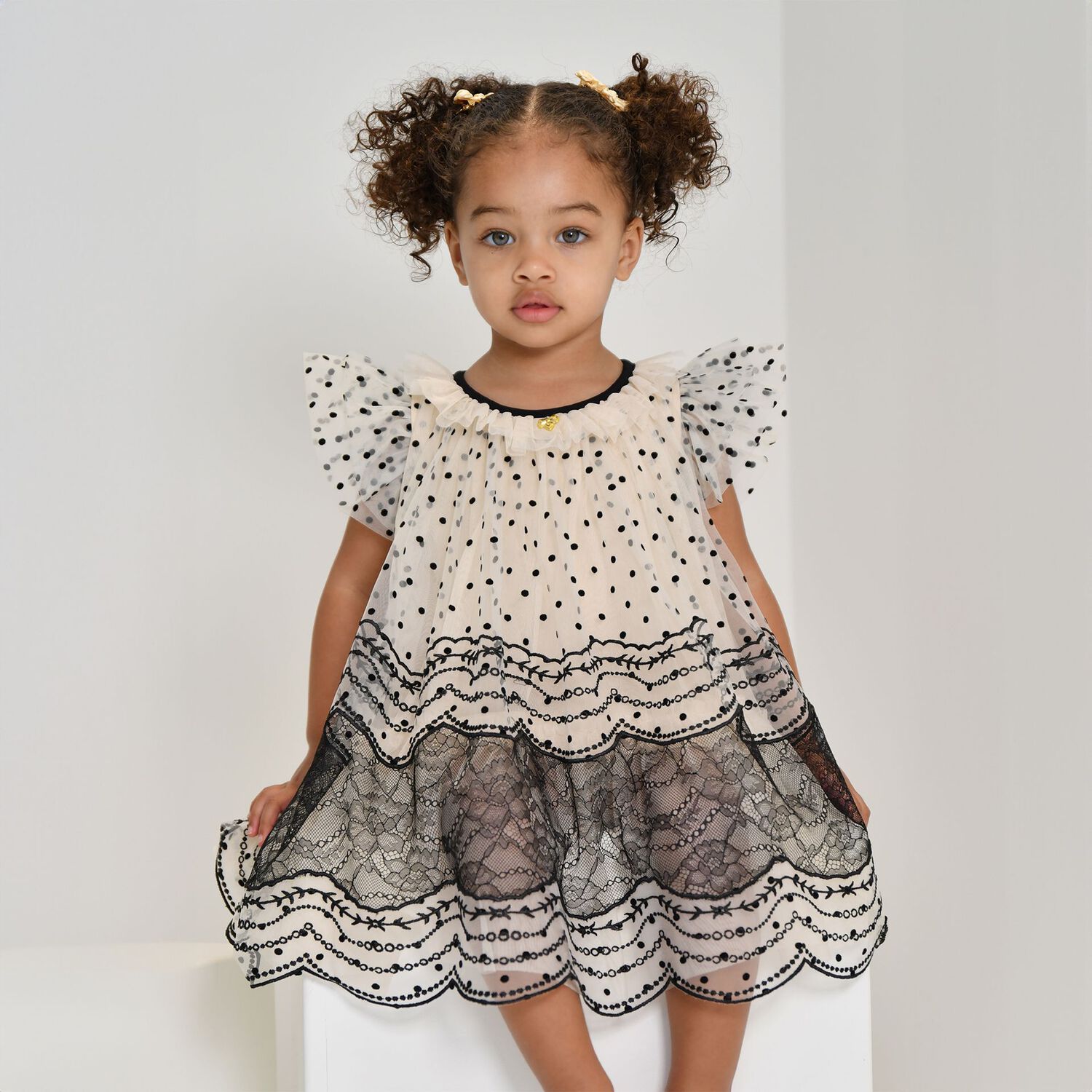 Baby Girls Beige & Black Tulle & Lace Ivy  Dress, 1, hi-res