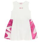Girls White & Pink Logo Flared Dress , 1, hi-res