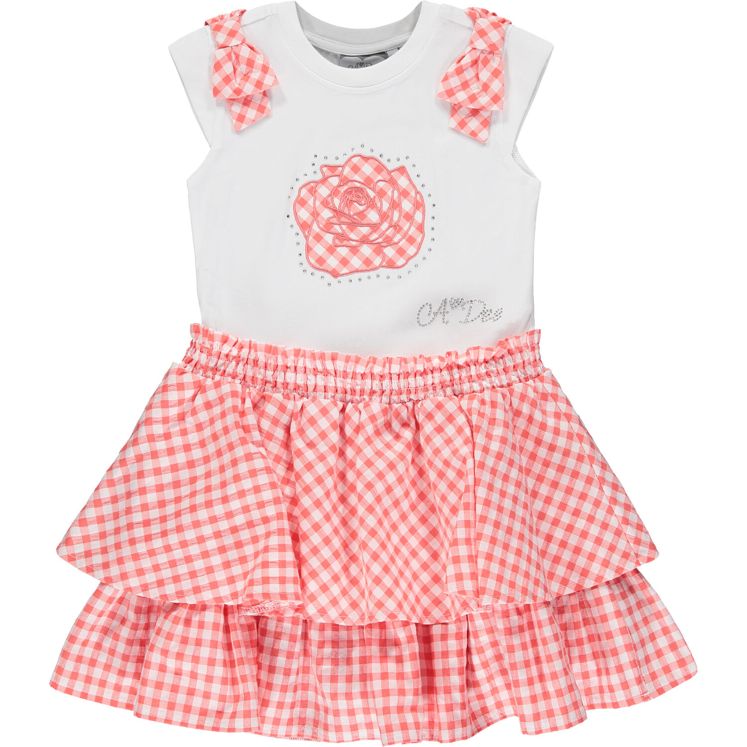 Girls White & Coral Rose Dress, 1, hi-res
