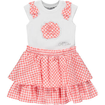 Girls White & Coral Rose Dress