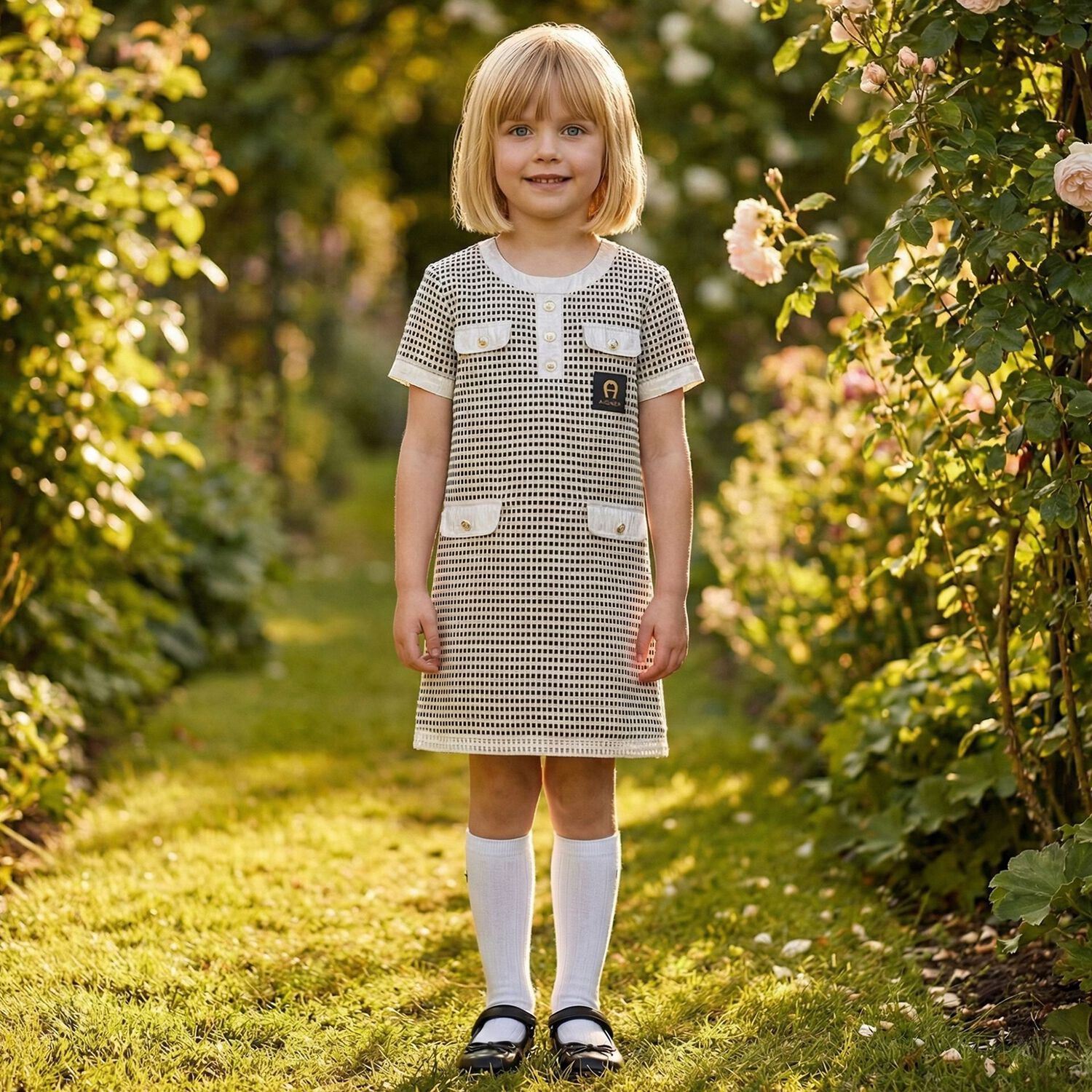 Girls Black & Gold Logo Dress, 2, hi-res