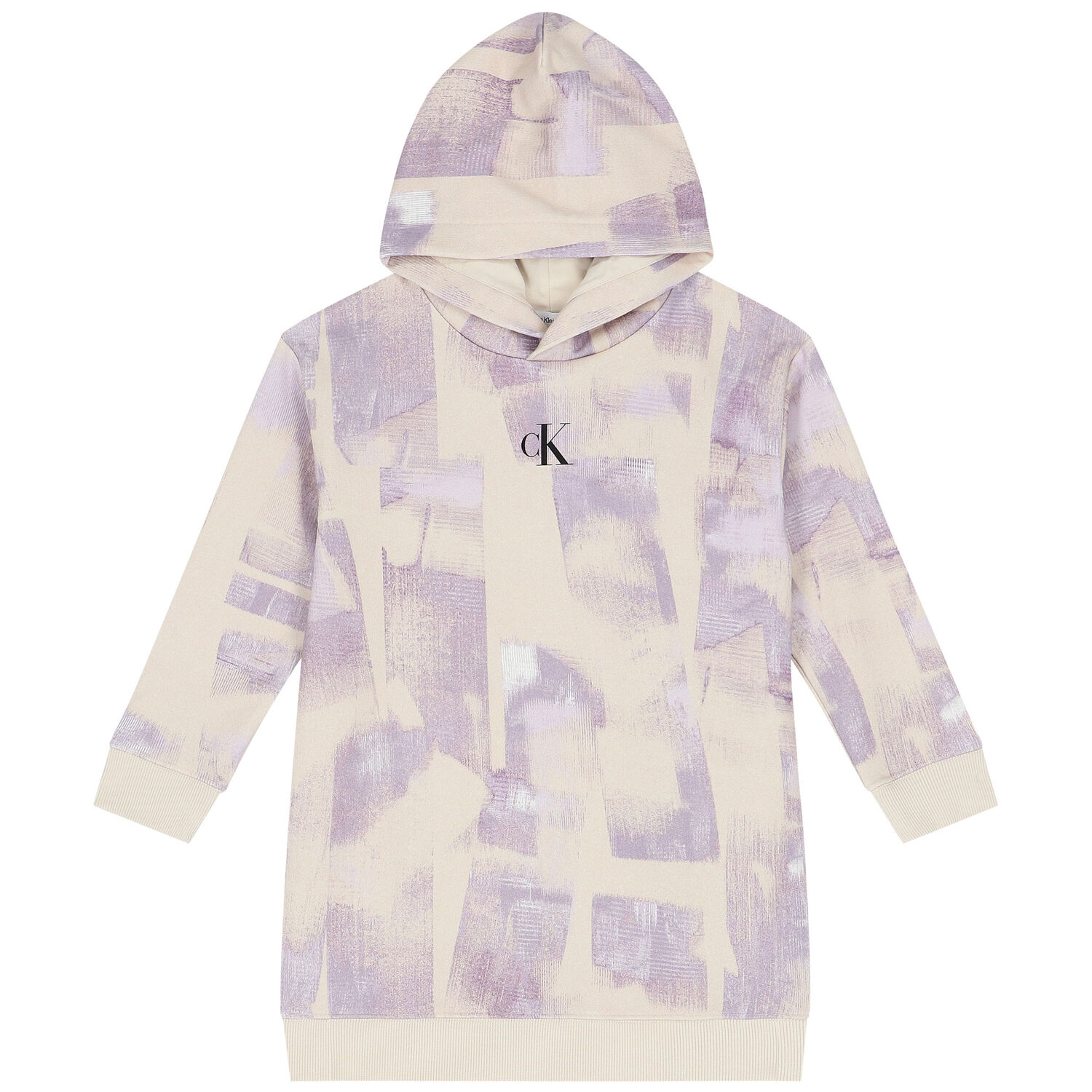 Girls Beige & Purple Logo Hooded Dress, 1, hi-res