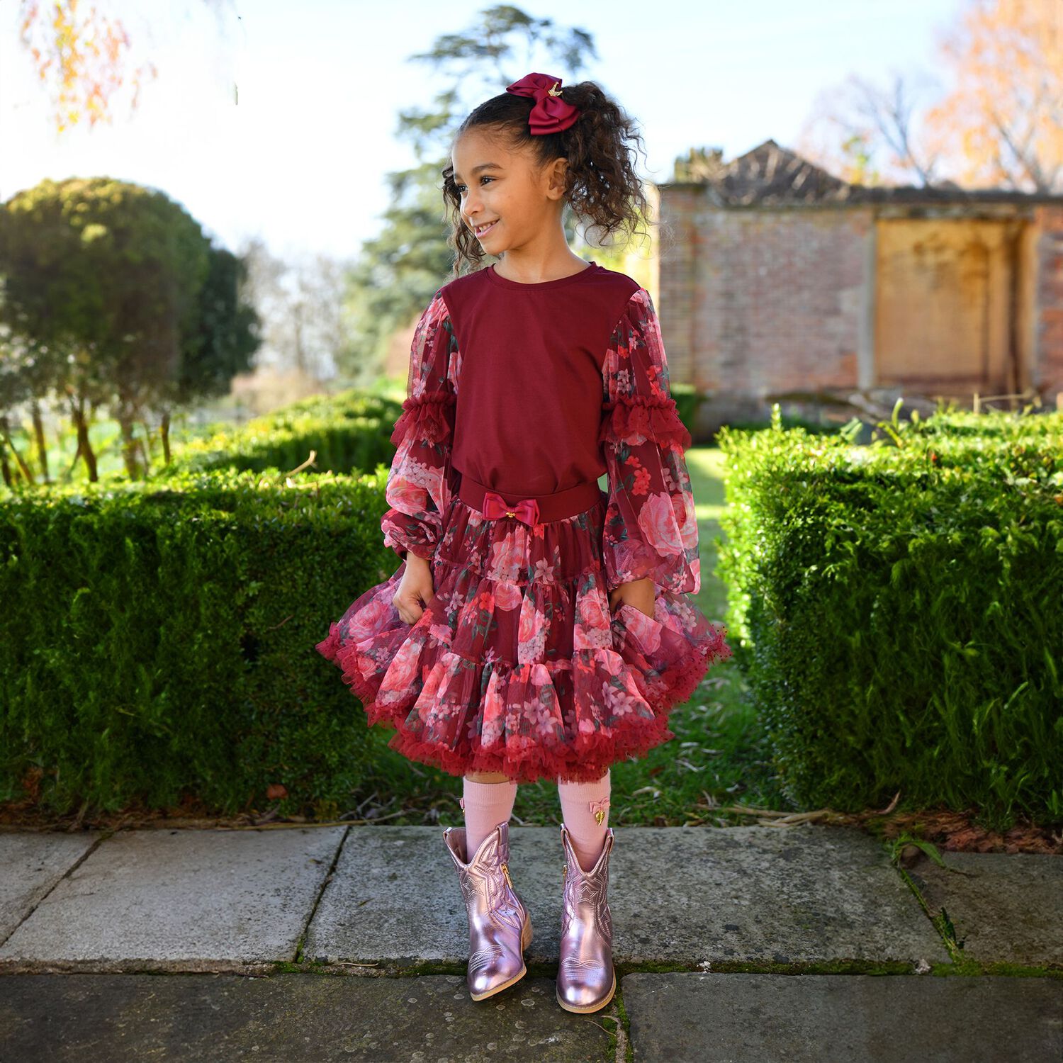 Girls Burgundy Floral Tulle Lila Long Sleeve Top, 1, hi-res