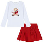 Girls White & Red Teddy Bear Print Skirt Set, 1, hi-res