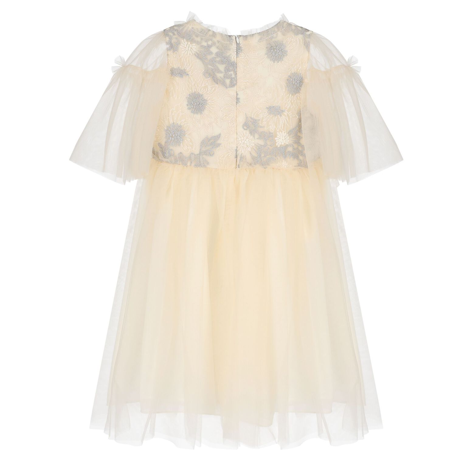 Girls Ivory & Silver Embroidered Tulle Dress , 1, hi-res