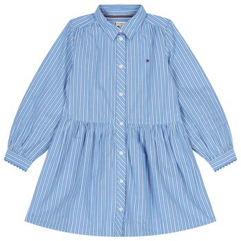 Girls Blue & White Striped Shirt Dress