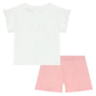 Younger Girls White & Pink Teddy Logo Shorts Set, 1, hi-res