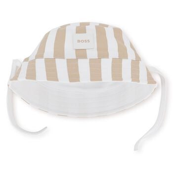 Baby Boys Beige & White Striped Logo Reversible Hat