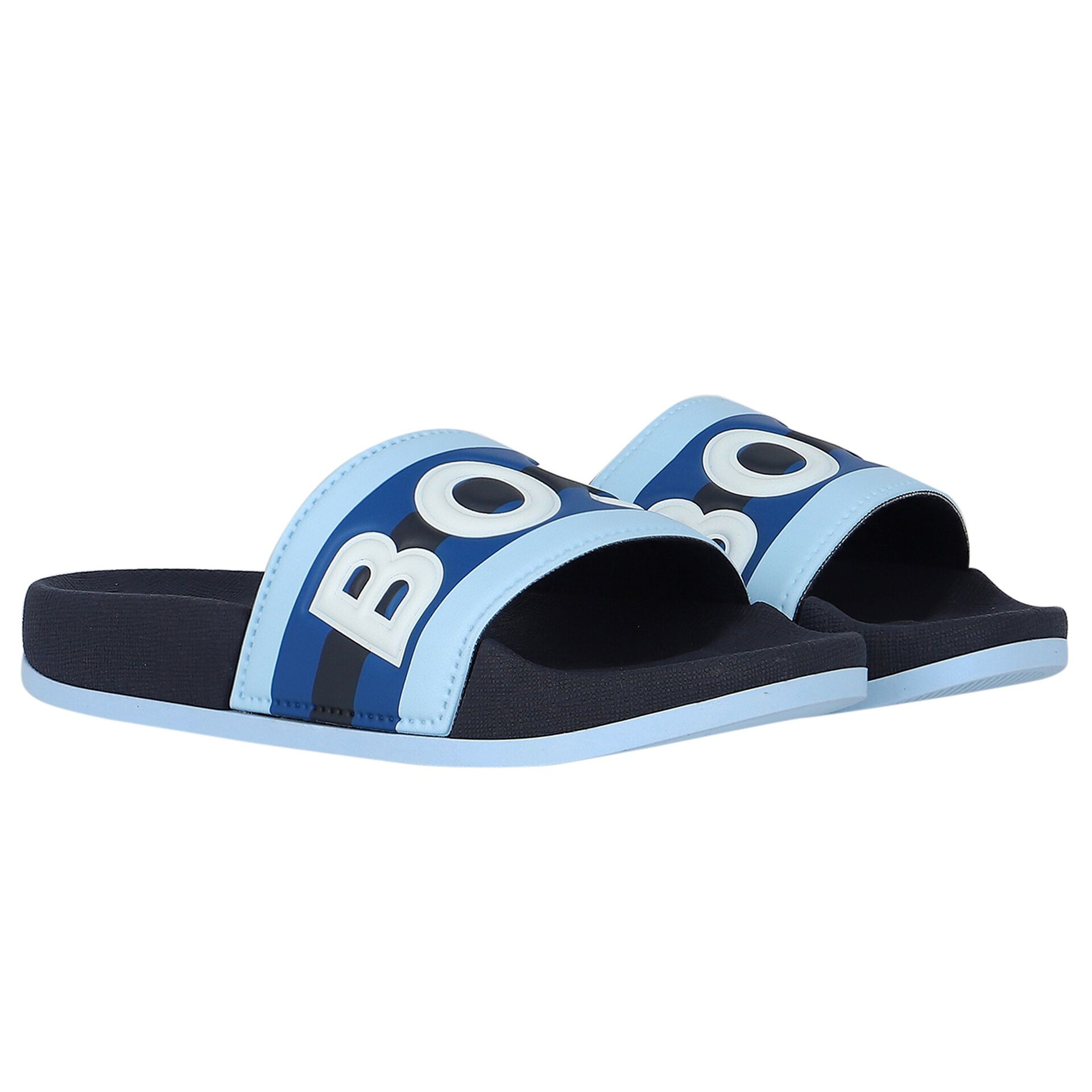 BOSS Boys Blue Navy Blue Logo Sliders Junior Couture UK