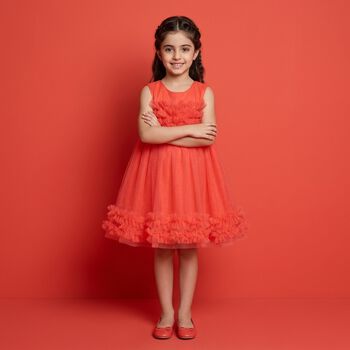 Younger Girls Coral Ruffled Tulle Dress