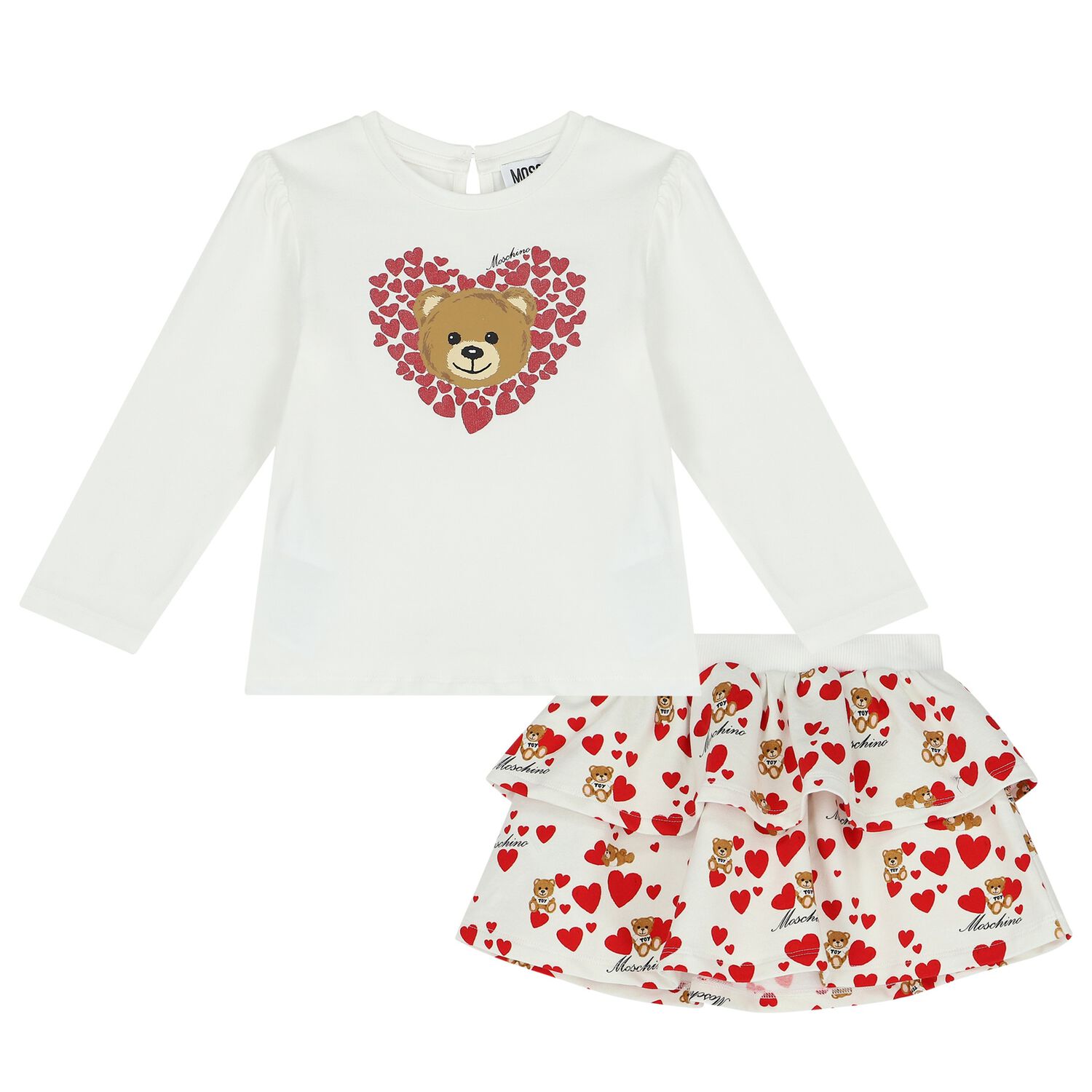 Younger Girls Ivory Teddy Bear & Hearts Skirt Set, 1, hi-res