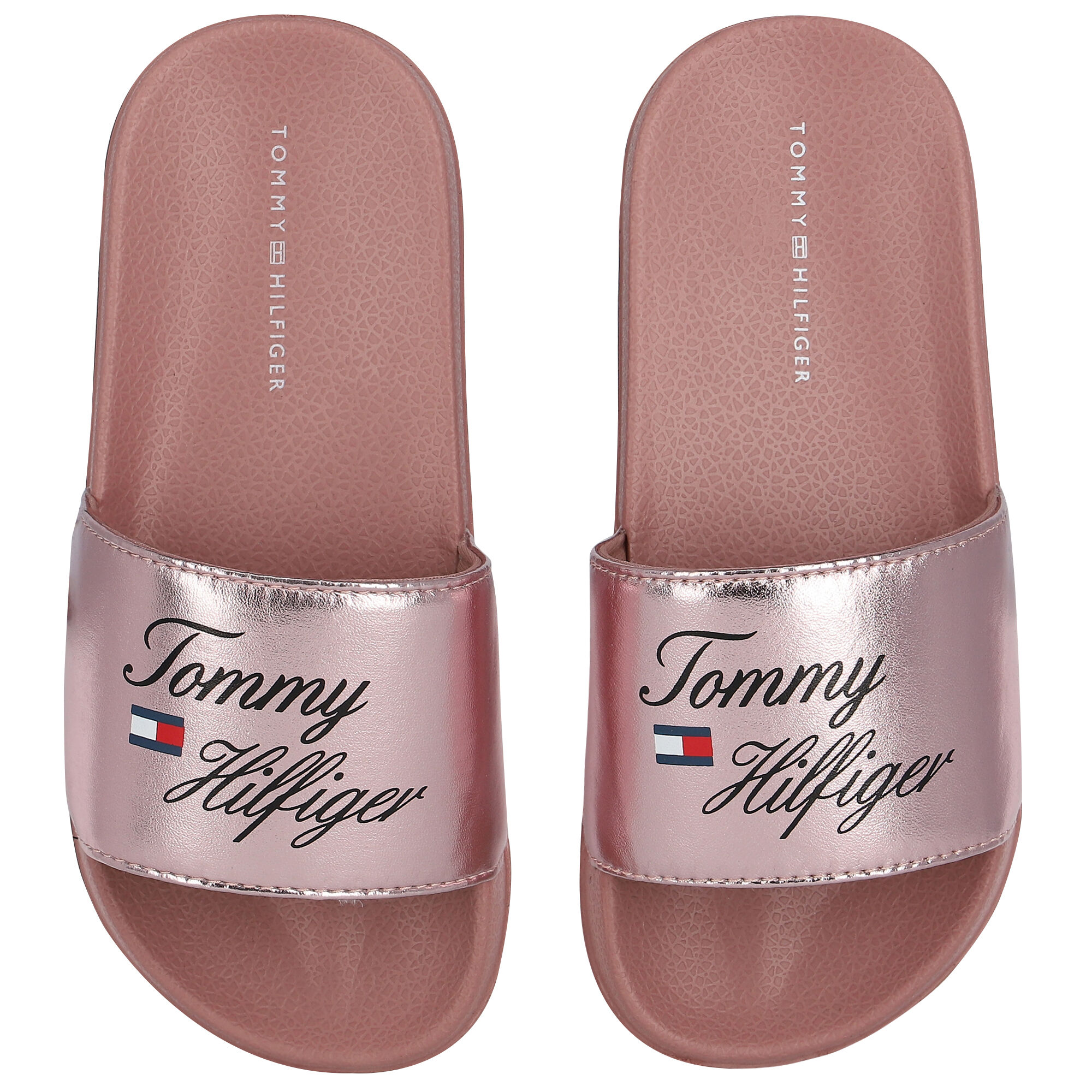 Tommy Hilfiger Girls Rose Gold Logo Sliders Junior Couture UK