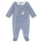 Baby Boys Navy & White Striped Velour Babygrow, 1, hi-res