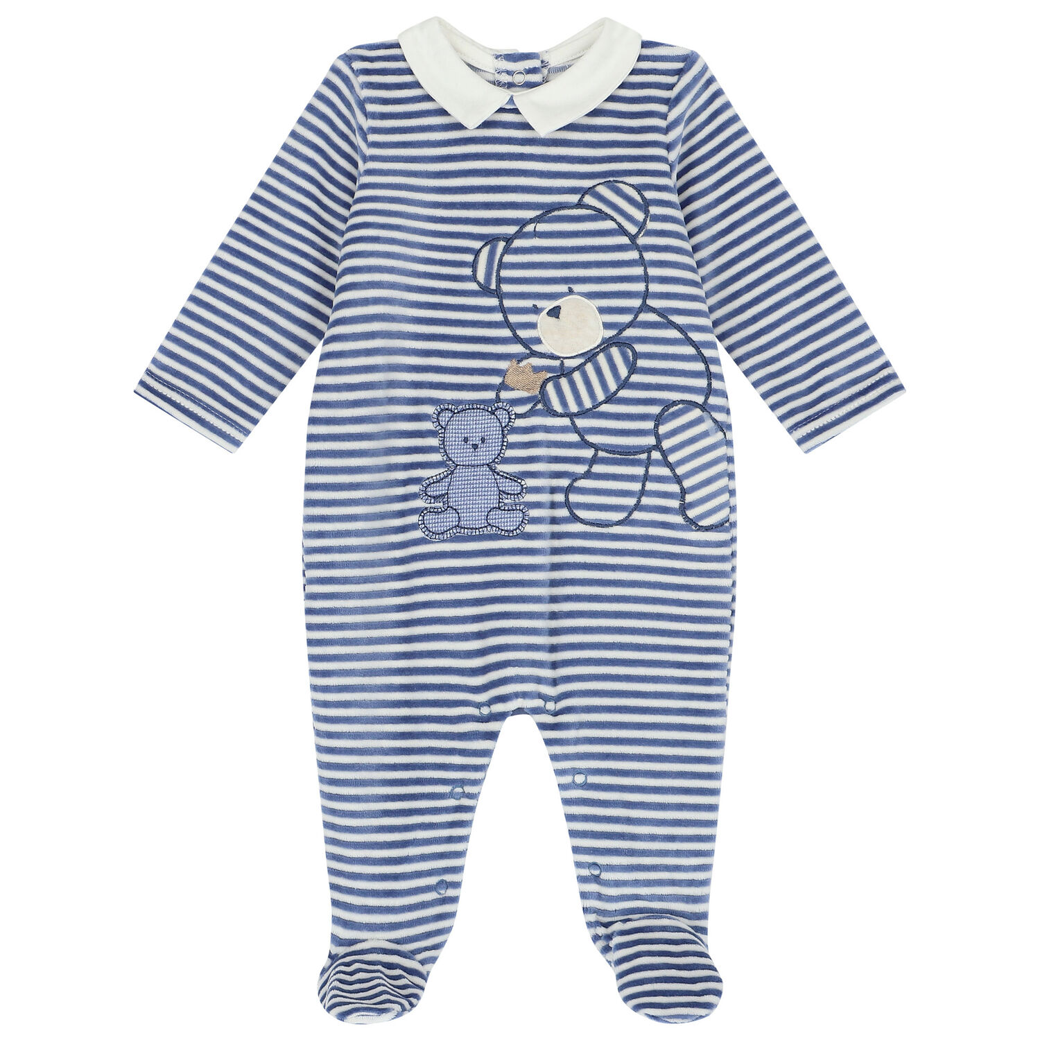 Baby Boys Navy & White Striped Velour Babygrow, 1, hi-res