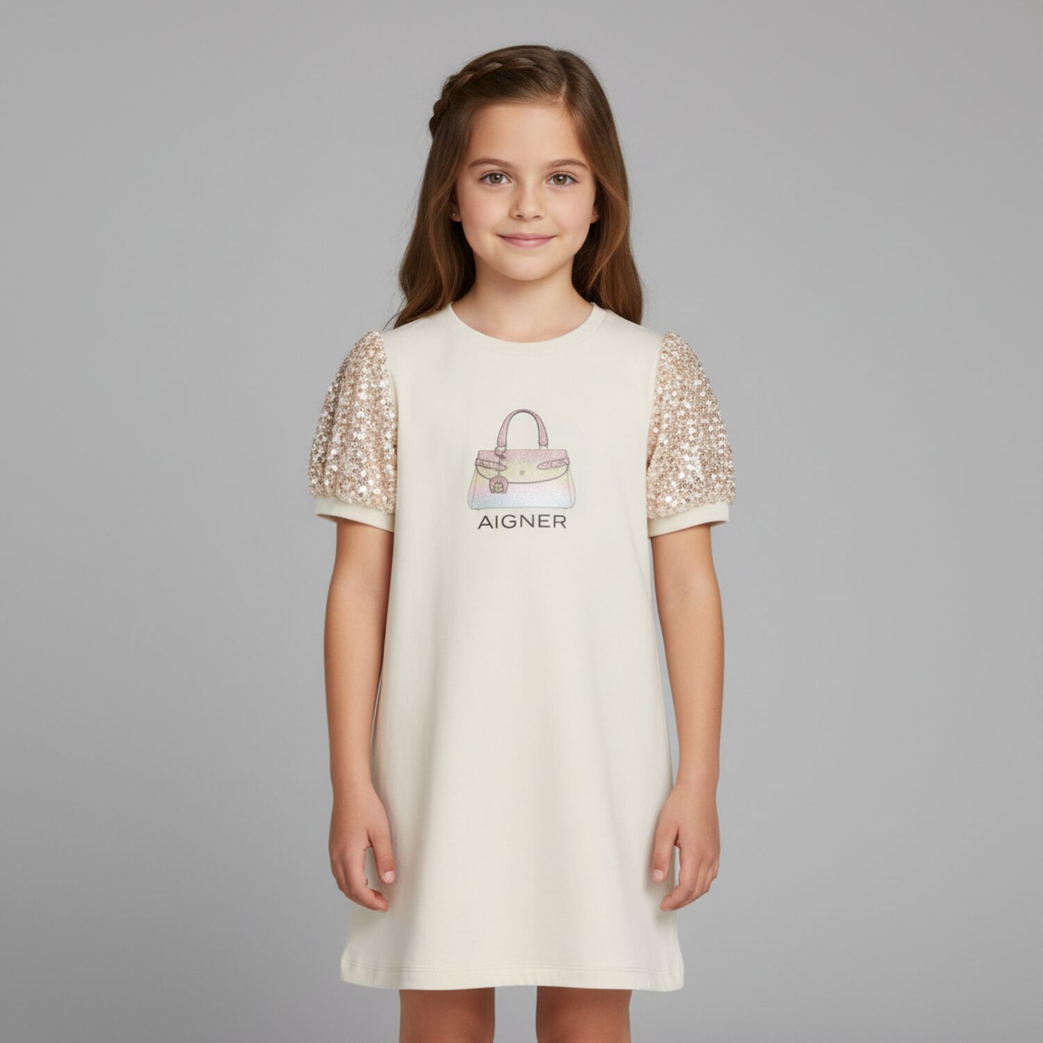 Girls Ivory Bag Logo Dress, 1, hi-res