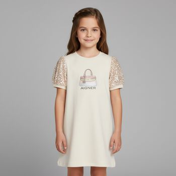 Girls Ivory Bag Logo Dress