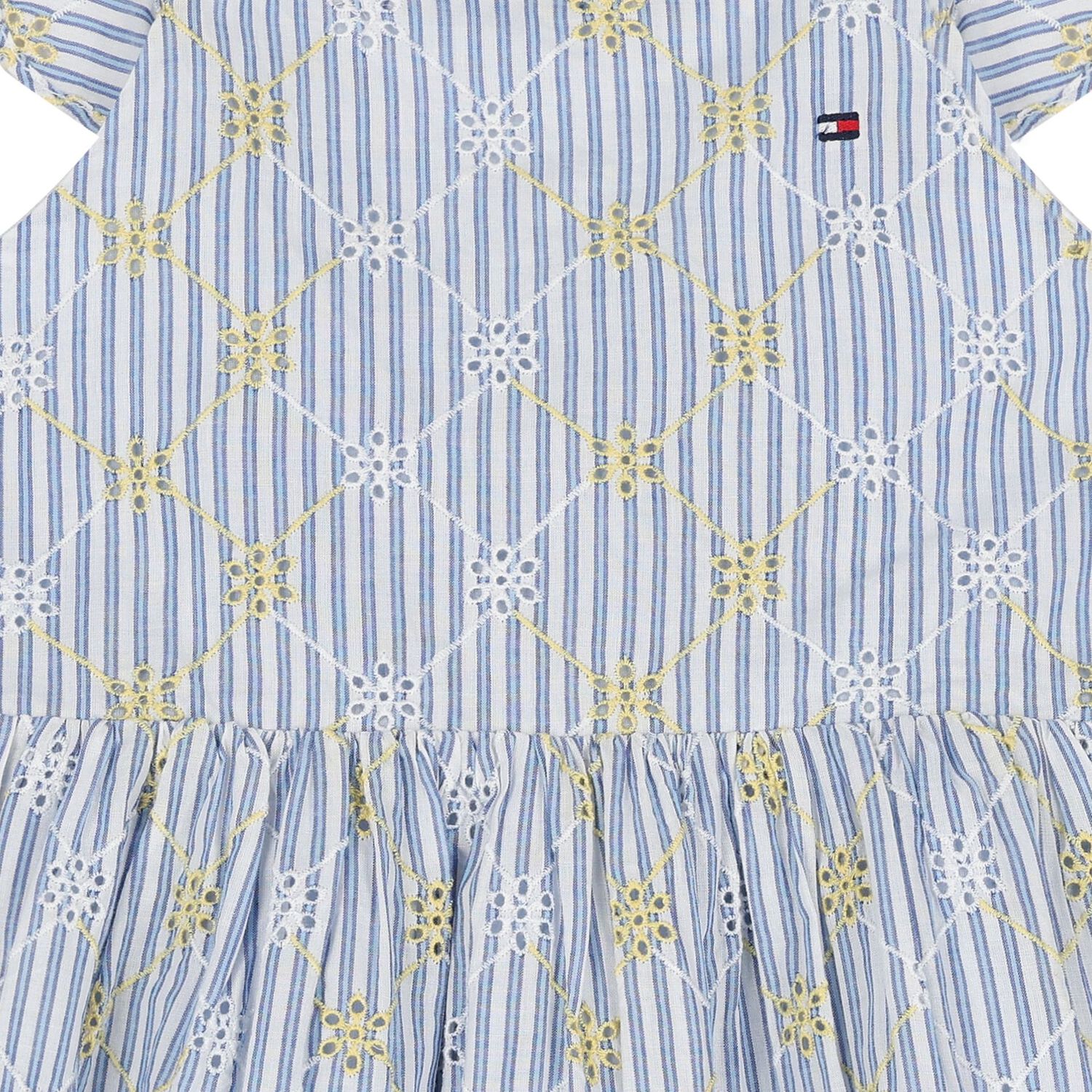 Girls Blue Striped Broderie Cotton Dress, 1, hi-res