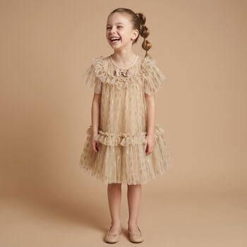 Girls Gold Bow Tulle Dress