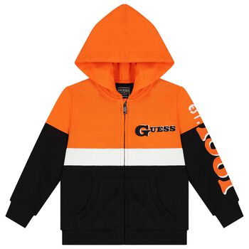 Boys Orange & Black Logo Hooded Zip Up Top