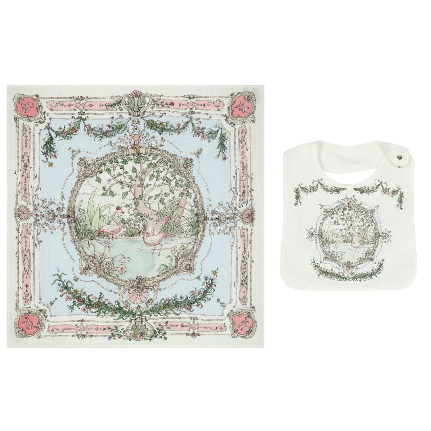 Ivory & Blue Tapestry Baby Swaddle & Bib Gift Set, 1, hi-res