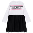 Girls White & Black Logo Tulle Dress, 1, hi-res