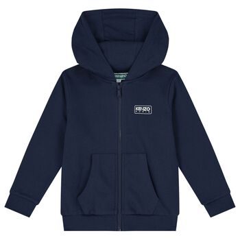 Navy Blue Logo Hooded Zip Up Top