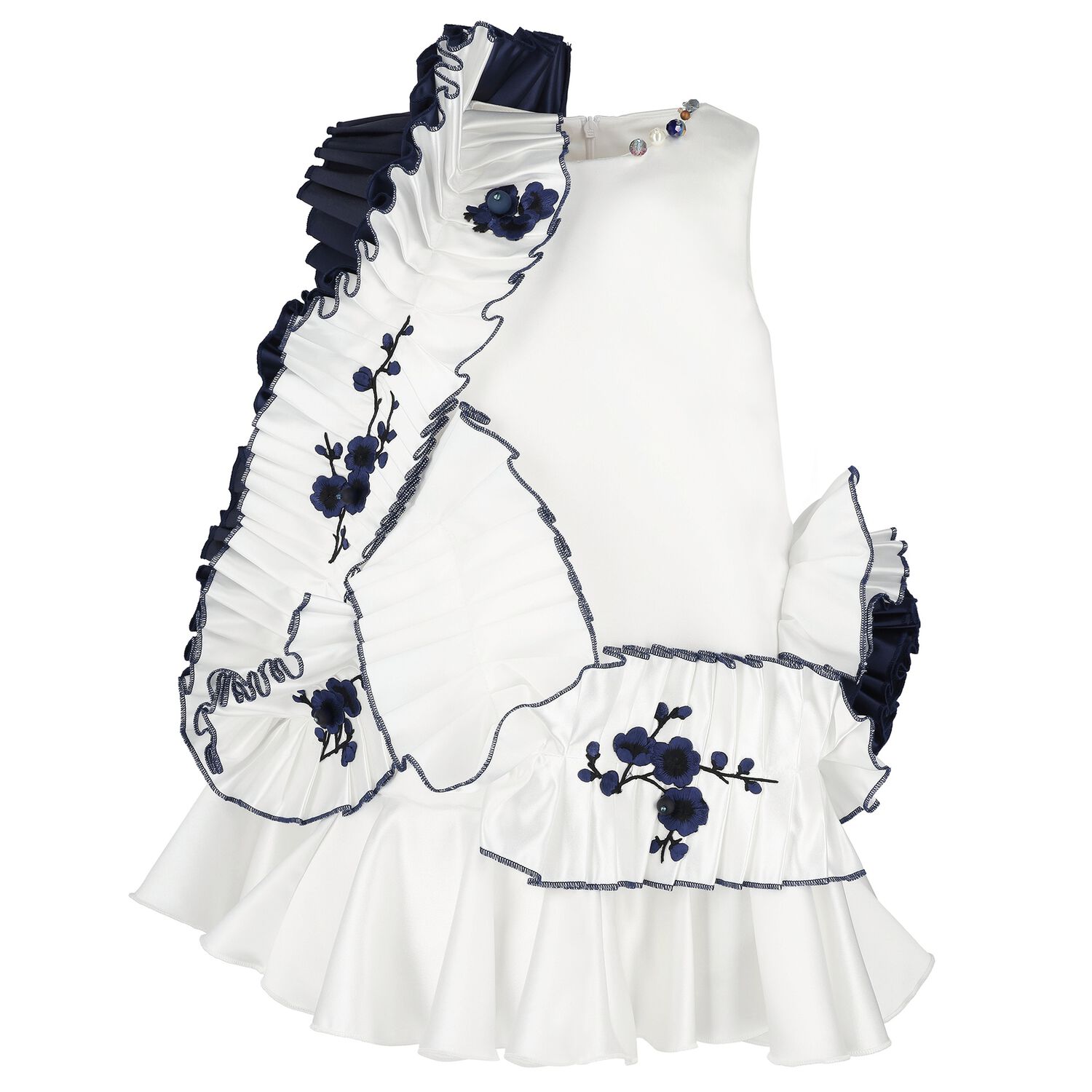 Girls White & Navy Blue Ruffled Dress, 1, hi-res