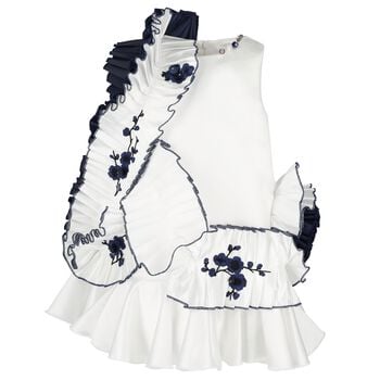 Girls White & Navy Blue Ruffle Dress