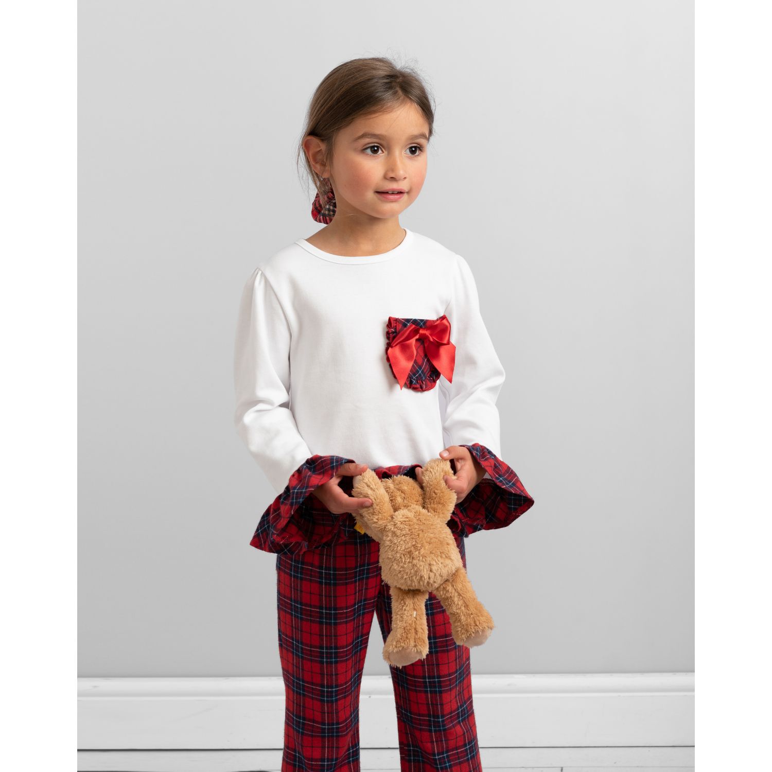 Girls White & Red Tartan Check Pyjamas, 1, hi-res