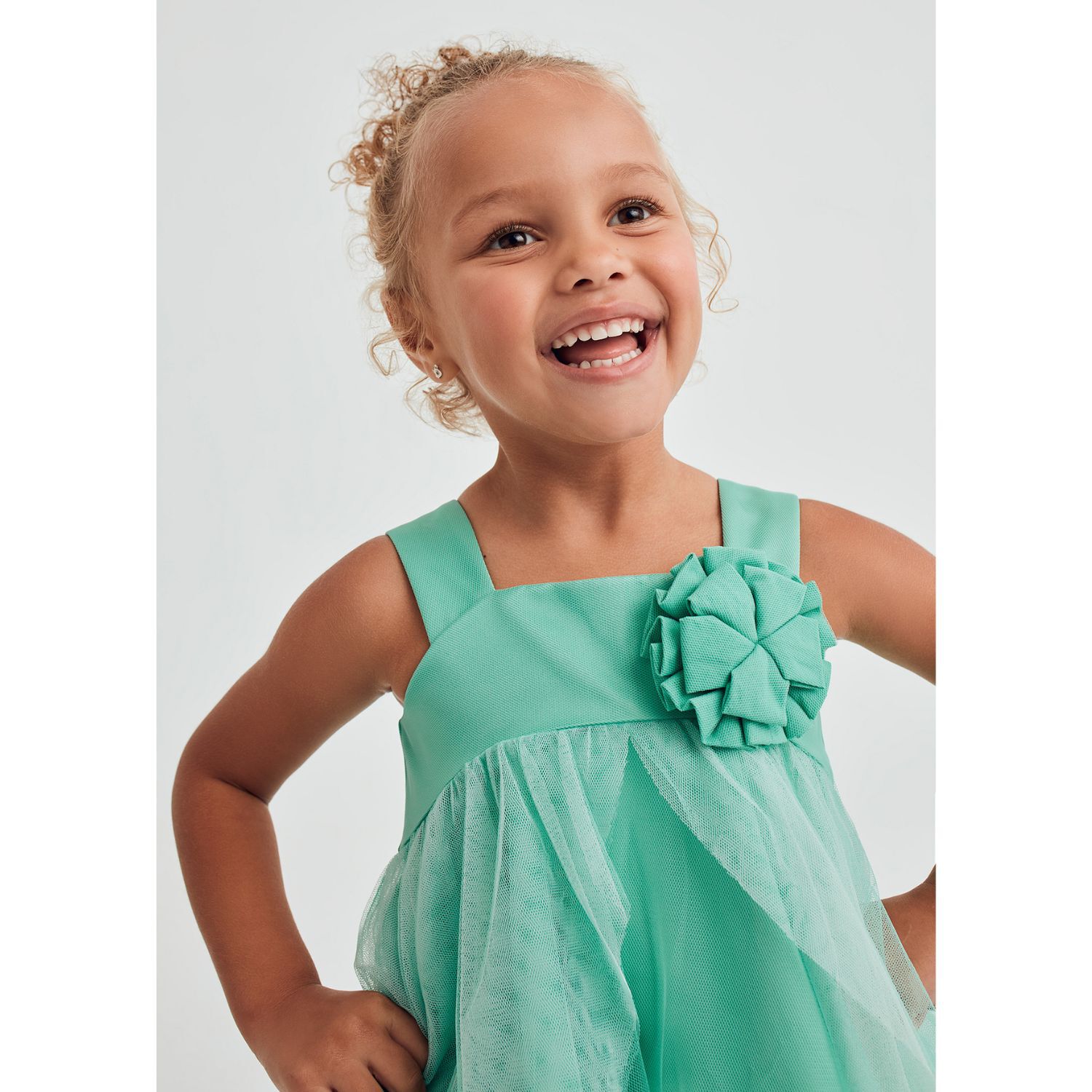 Girls Blue Flower Tulle Dress, 2, hi-res